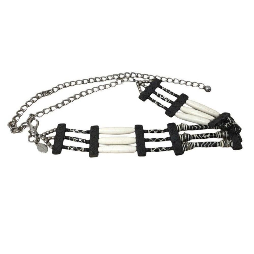 Chicos Beaded Chain Belt Tribal Wood Ceramic 42" Long Adjustable Logo Charm